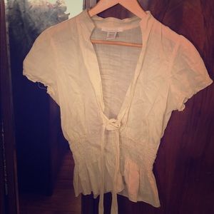 Lightweight Cotton Cream Peplum Tie Collar Blouse